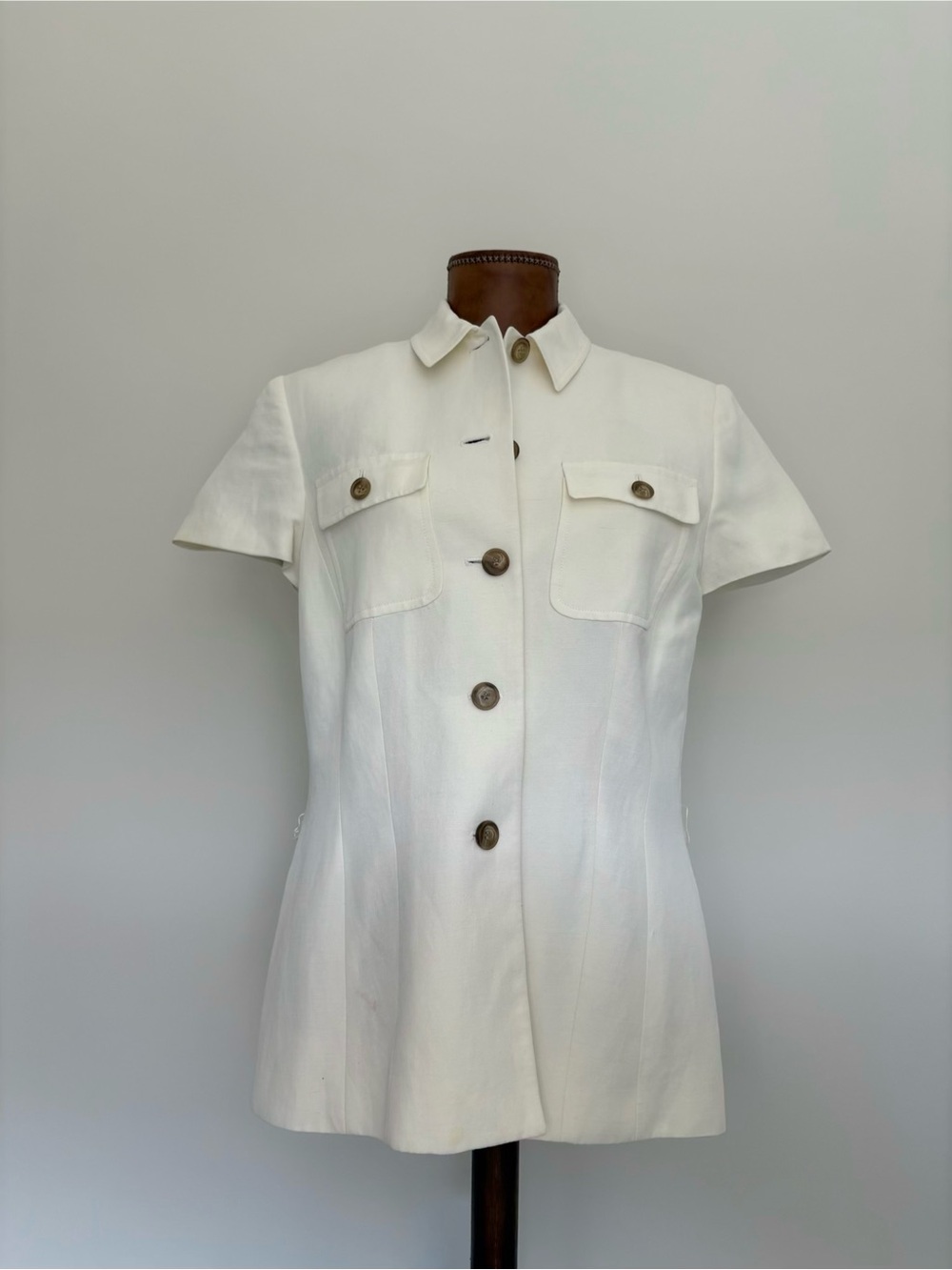 Ann Taylor Vintage Ivory Linen-Blend Collared Utility Style Blouse